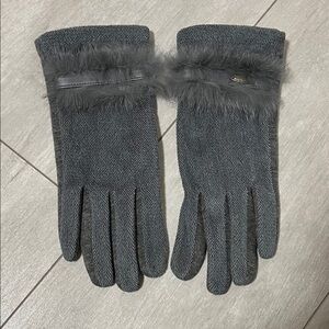 Touchscreen Gray Women's Stretch Cotton Gloves Faux Fur Trim, size S/M